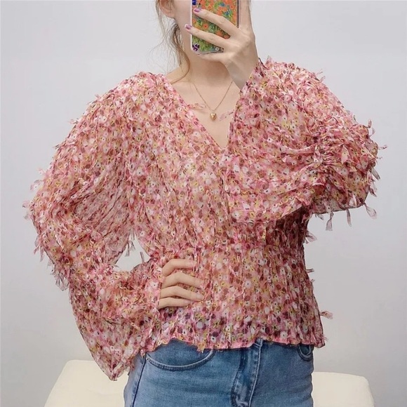 Zara floral chiffon blouse pink daisy print boho romantic top S - Picture 1 of 7